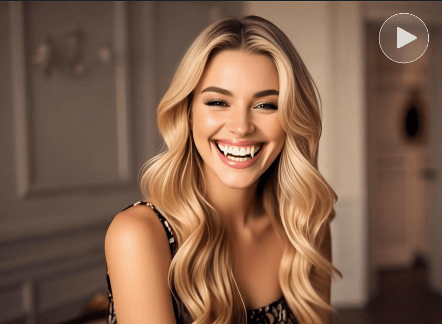 An ai generated halloween video where a girl grows out sharp fangs