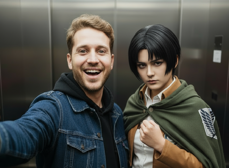 An elevator ai image of a man and a coser