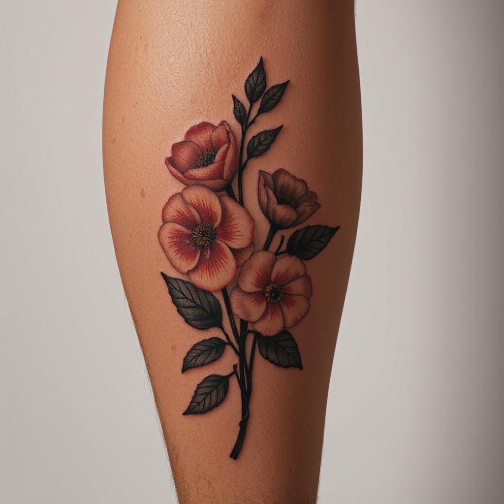 Birth flower bouquet tattoo on the leg of man