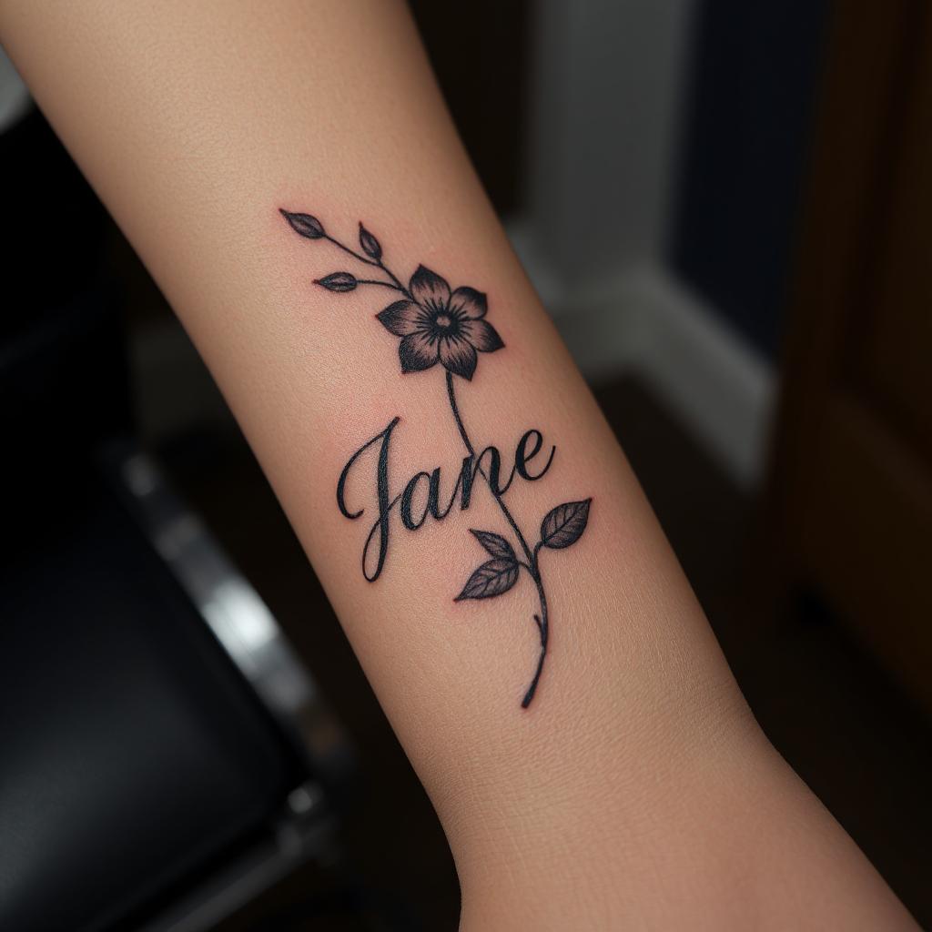 Birth flower tattoo with name jane on the wrist