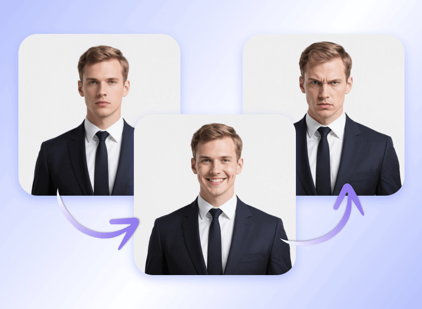 Change a man face expression to smiling and serious for professional ID photo creation