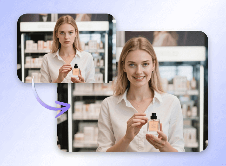 Change a woman serious expression to a smile for advertising and marketing photos