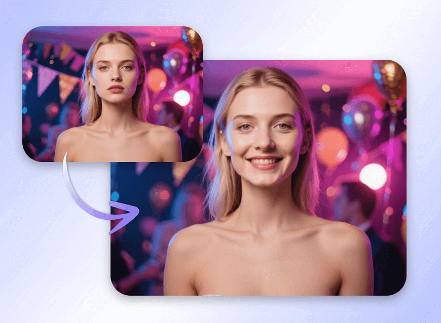 Change a woman serious expression to happy to match the image mood