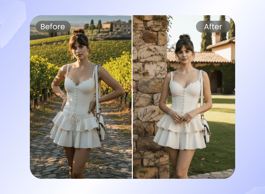 Change pose and background for the woman