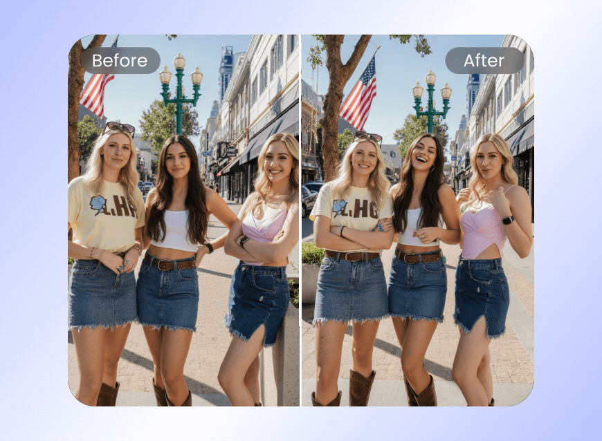 Change poses for the three woman with clipfly online pose changer