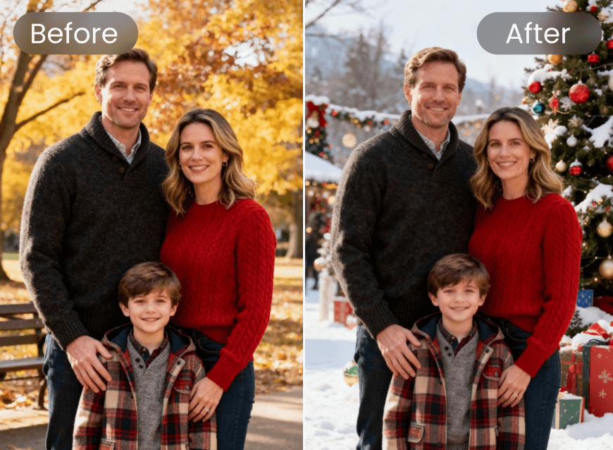 Cambia el fondo otoñal de la foto familiar por un fondo festivo