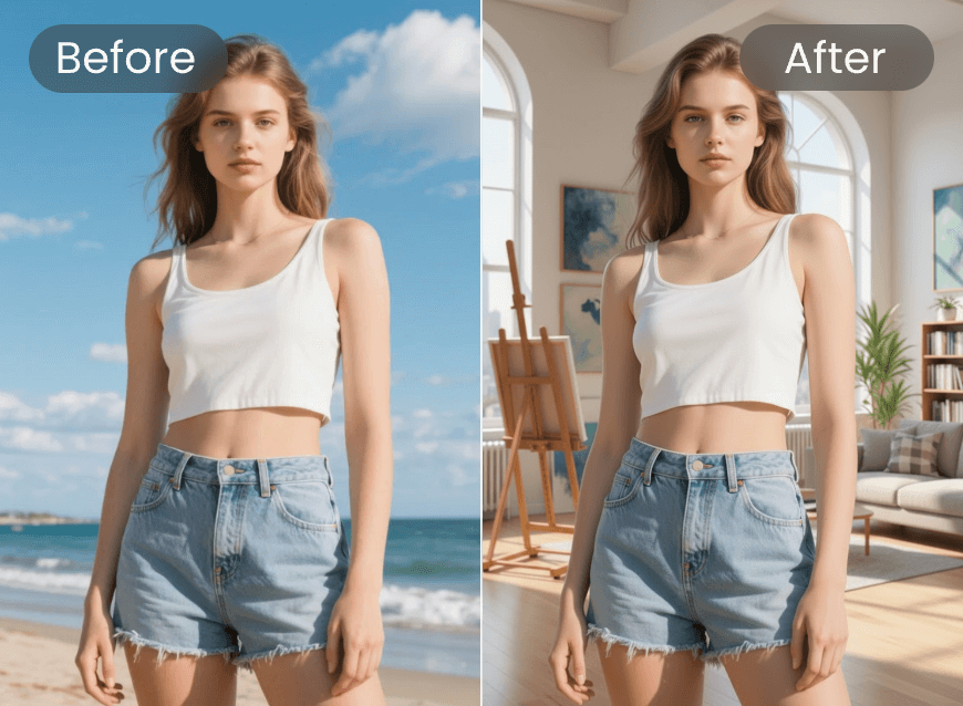 Change the backgroud of a picture from beachside into indoor with Qwen AI model on Clipfly