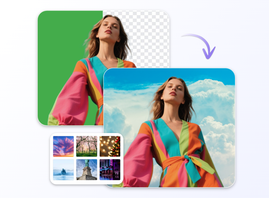 Change the bg of a beautiful female portrait picture to a sky scene