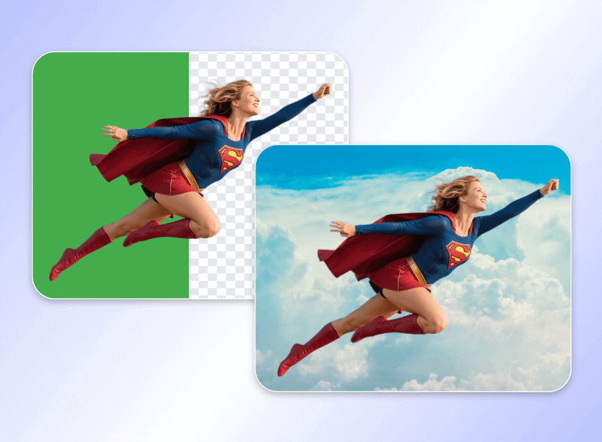 Change the green screen background of a image of a girl to a sky background for creative photography
