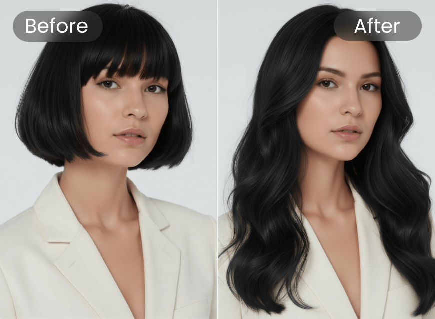 Change the hairstyle of a woman from short to long hair with Qwen AI model on Clipfly