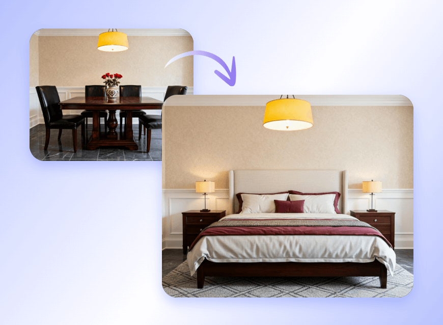 Change the interior design of a living room to a bed room