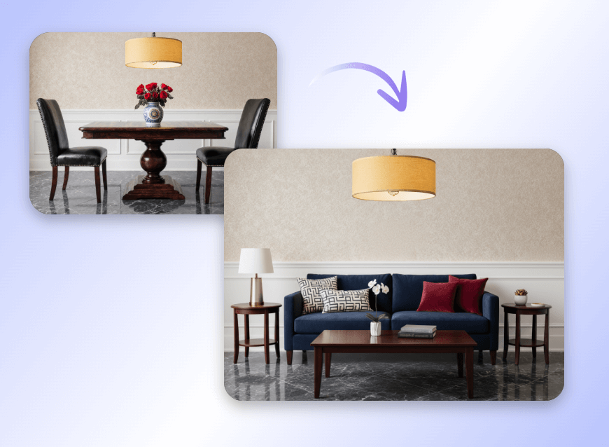 Change the interior design of a photo to another one