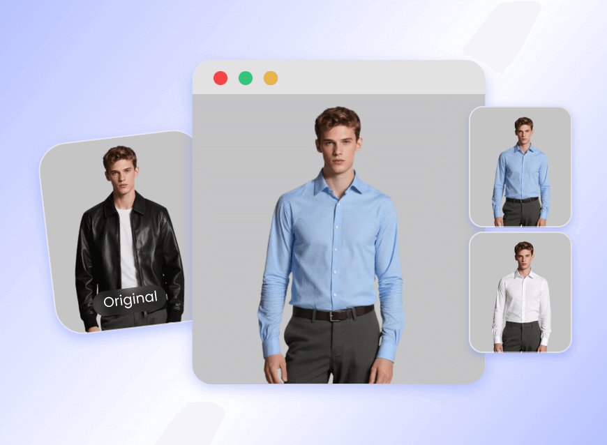 Change the outfit of a boy in a black jacket for fashion e commerce display