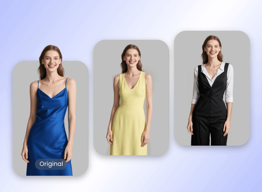 Change the outfit of a female model wearing a blue long dress