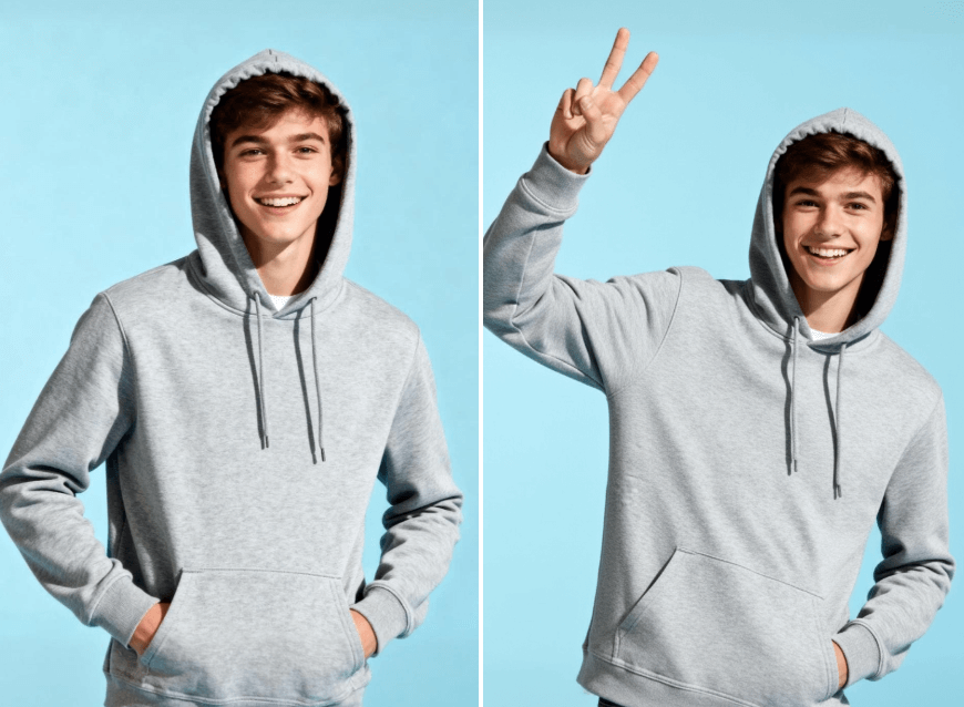 Change the pose of a photo featuring a hoodie boy