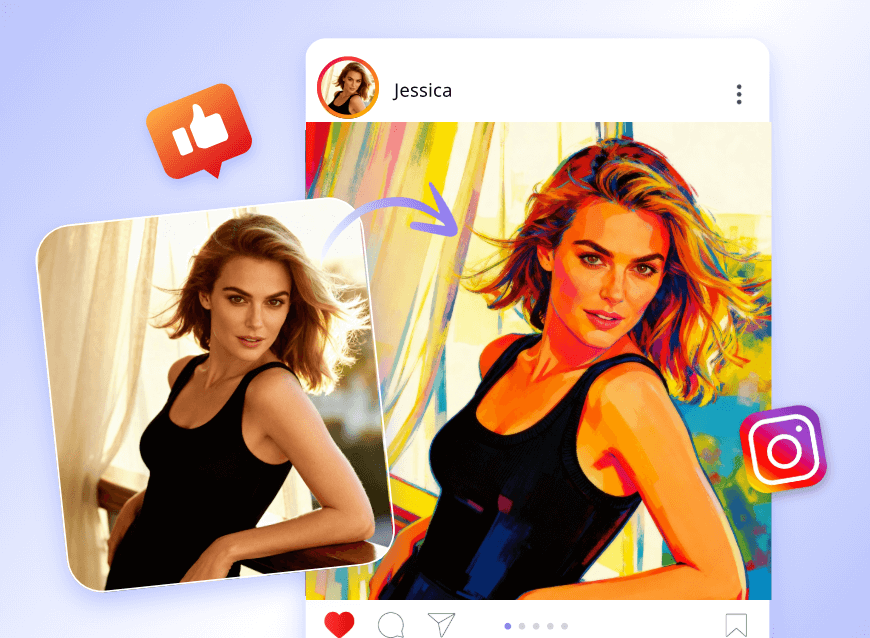 Change the style of a lady to cartoon and share it on social media