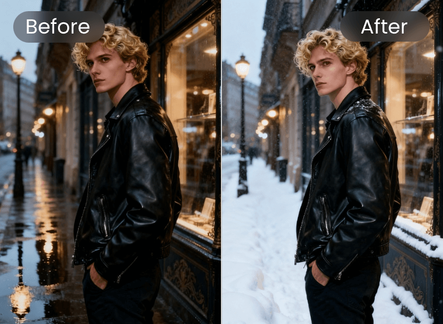 Change the weather of an image from rainy to snowy with Qwen AI model on Clipfly