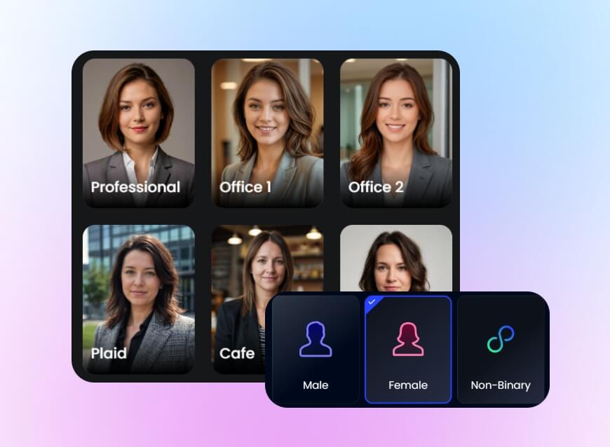 Escolha o gênero e os estilos de headshot que você mais gosta para começar a gerar