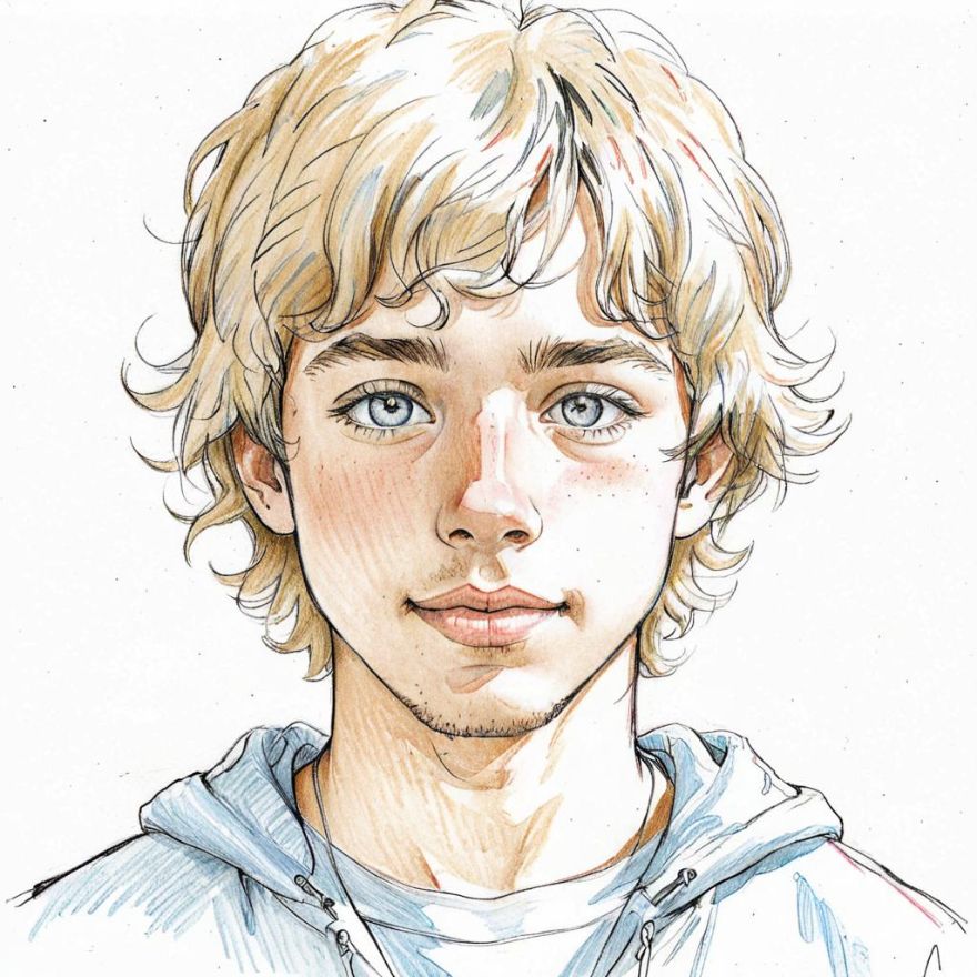 Desenho artístico colorido de um menino com cabelo cacheado