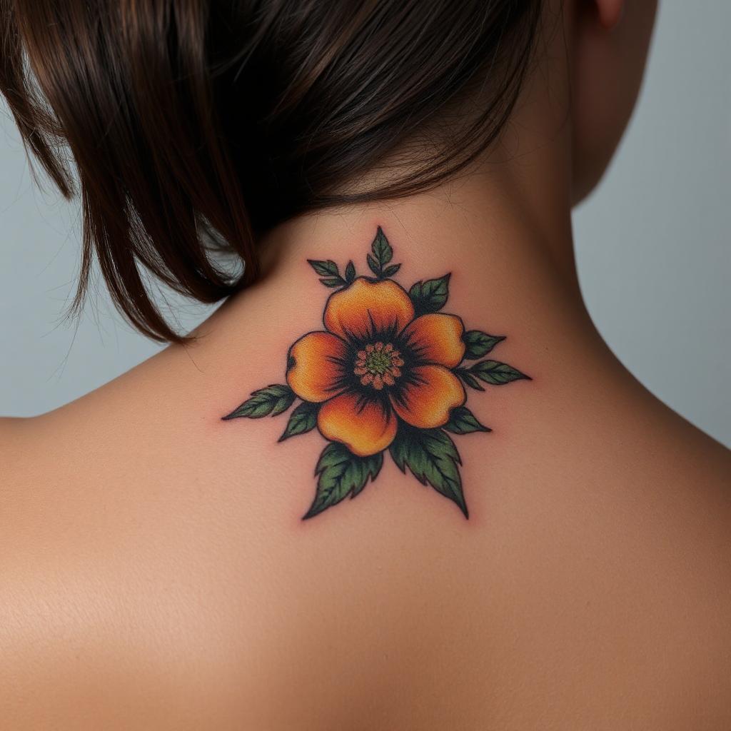 Colorful birth flower tattoo on the neck of a woman