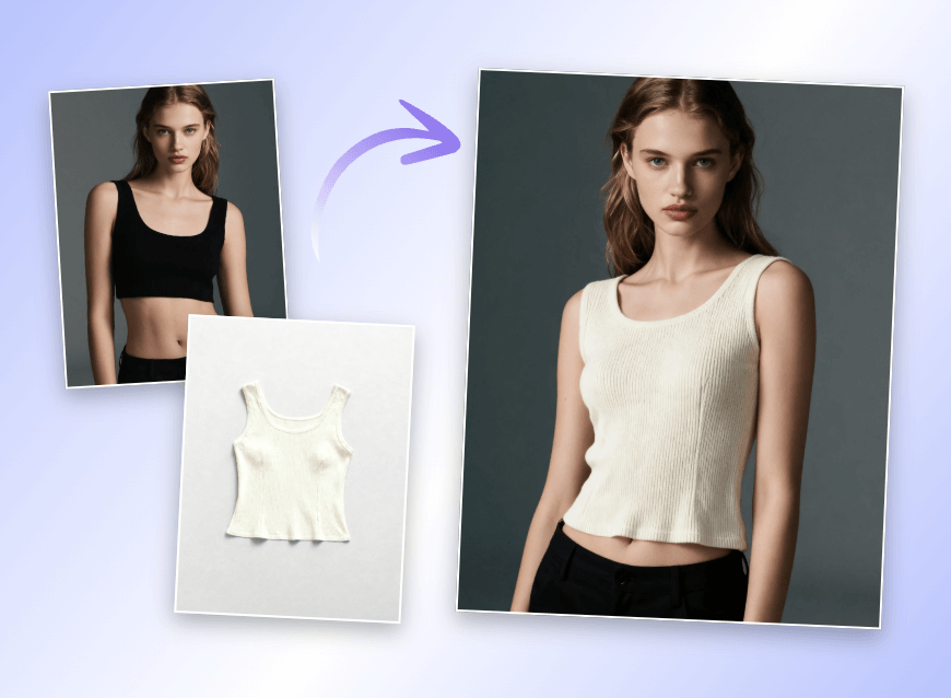 Combine an image of a girl and an image of a white vest to let her try it on virtually