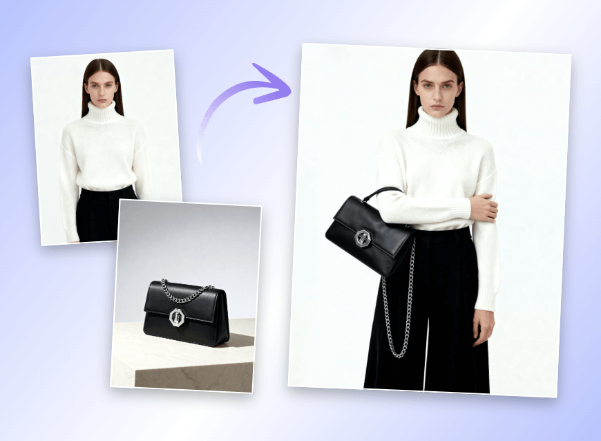 Combine an image of a woman and an image of a black bag with Qwen AI model on Clipfly