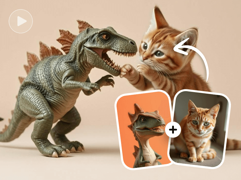 Combine pictures of cat and dinosaur to make ai fighting video with ai fight simulator