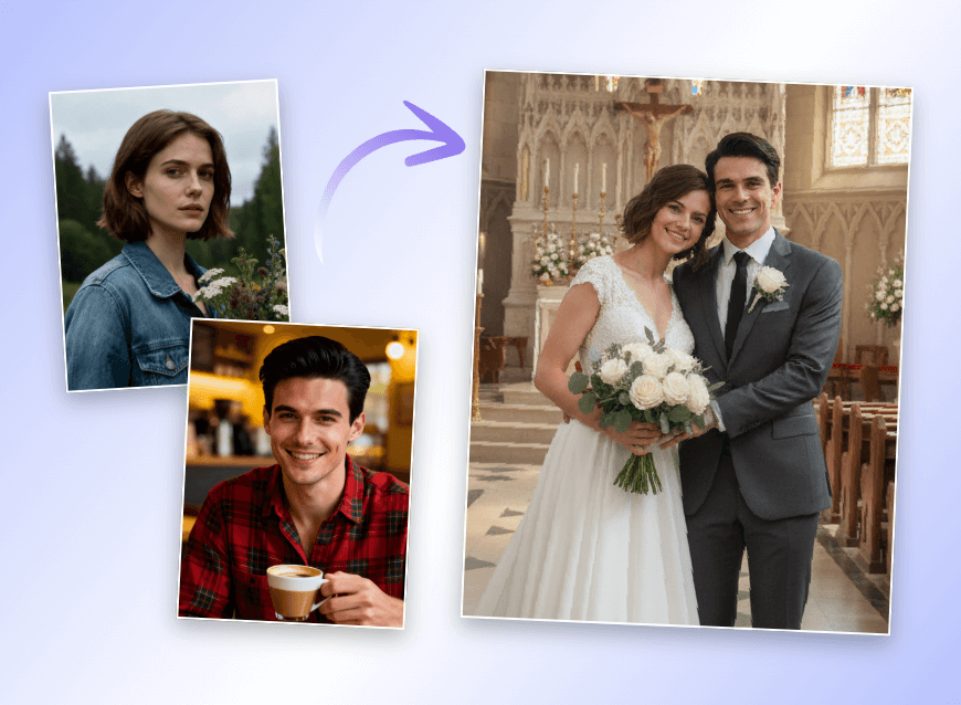 Combine the images of a couple to generate a wedding picture with Qwen AI model on Clipfly