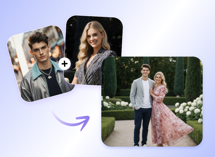 Combine two portraits of a man and a woman into one couple photo