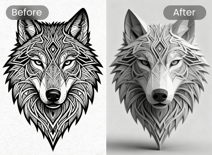 Convert a 2d artistic design of a wolf into 3d