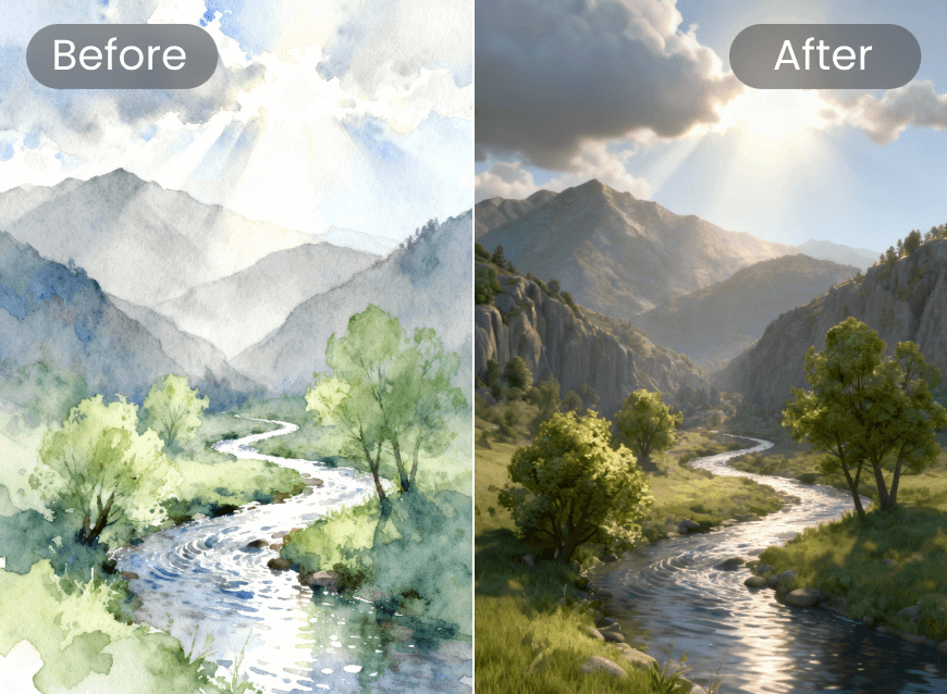 Convert a 2d painted landscape into a 3d scene