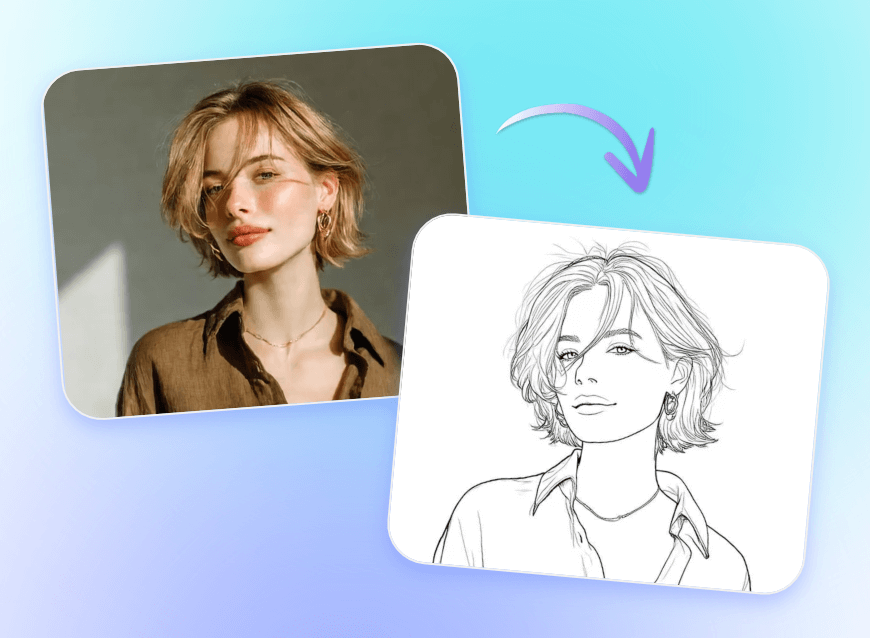Convert a photo of a girl with blond short hair to line art