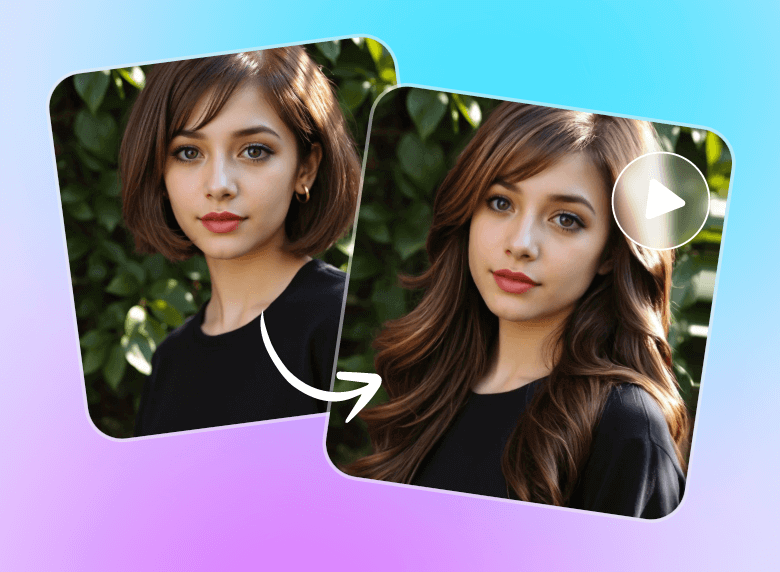 Convert a photo of a short haired girl into a video of long hair in clipfly