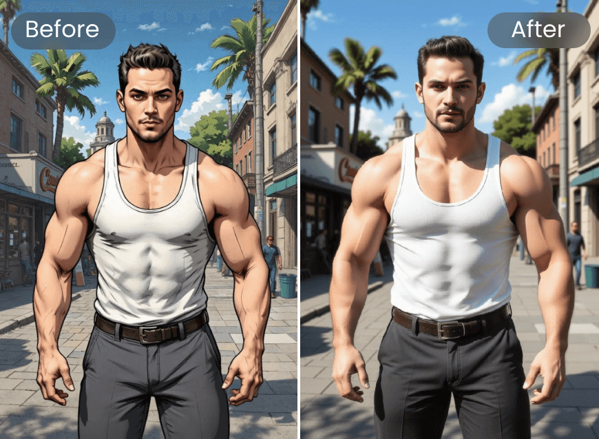 Convert an anime image of a muscular man into a realistic style