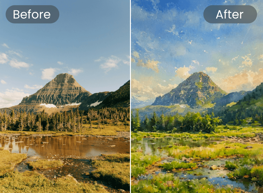 Convert the landscape photo to a watercolor painting with clipfly free ai watercolor filter