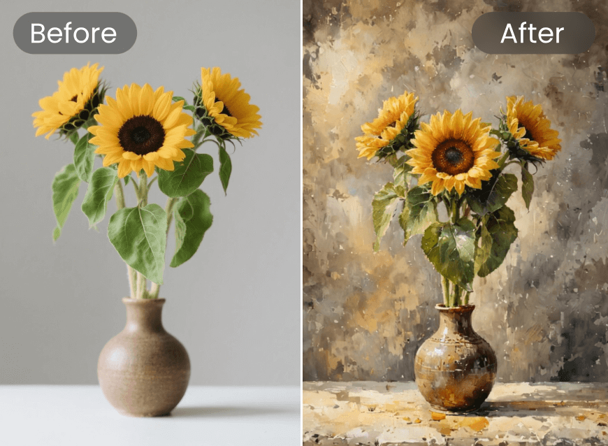 Convert the sunflower bouquet image to a weatercolor painting with clipfly free watercolor filter