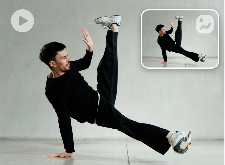 Create a video converted from a photo of a balck man showing street dance moves