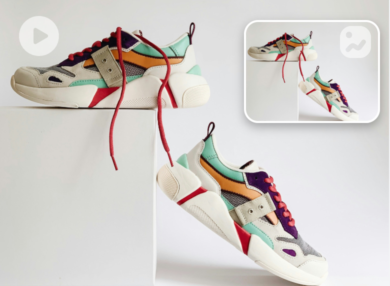 Create a video converted from a photo of a colorful sneaker in two directions