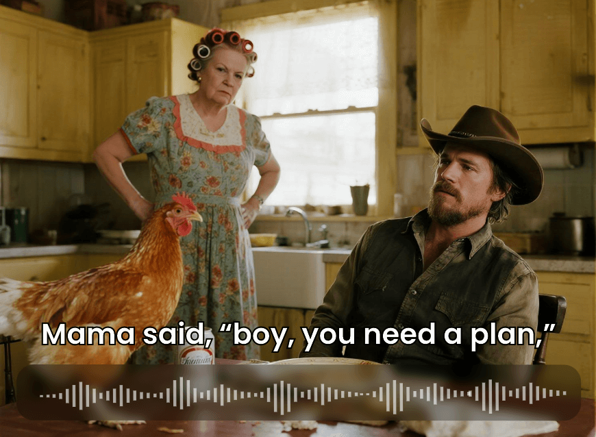 Create ai country song parody featuring a cowboy and his mother