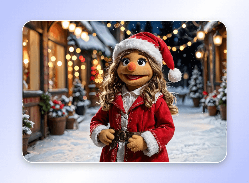 Criar uma personagem feminina fantoche de IA vestindo uma fantasia de Natal