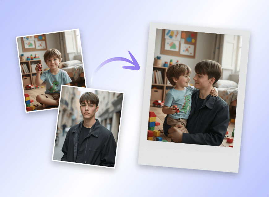 Create an ai polaroid photo featuring the adult version of a man hugging his younger self