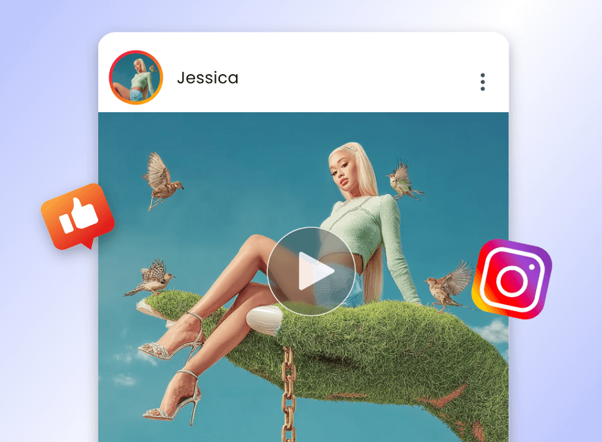 Create an ai video clip featuring a beautiful lady on a giant hand and share it on social media