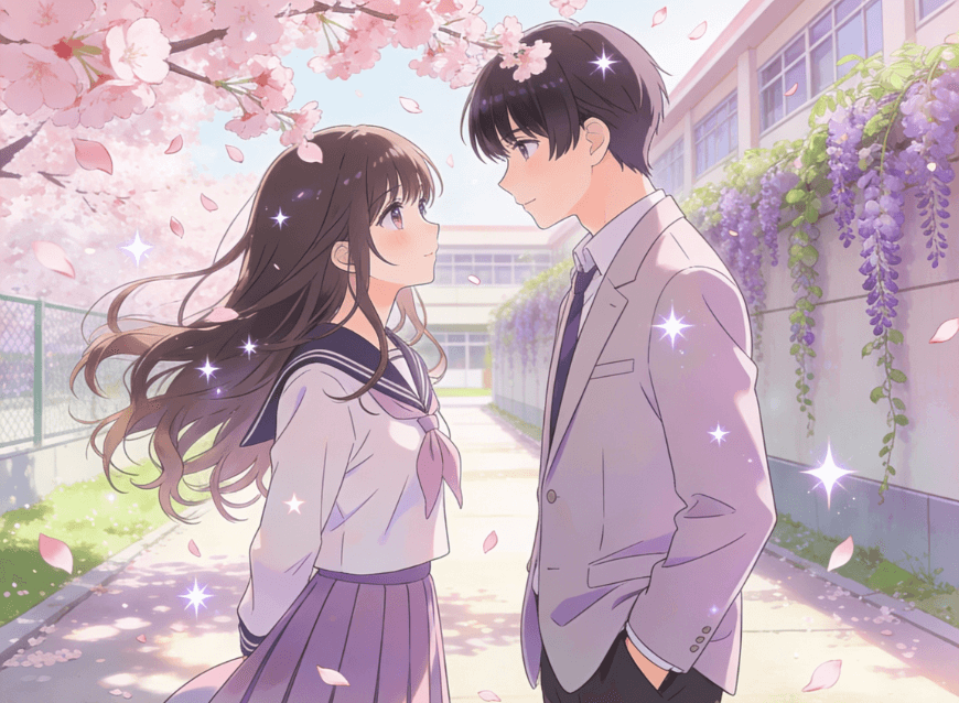 Create an anime couple image in shoujo manga style