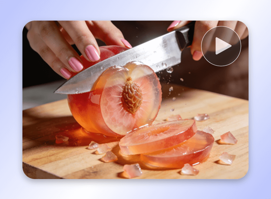 Create an asmr video clip featuring a human chopping a transparent peach