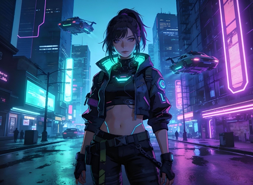 Cyberpunk GF on a neon light street