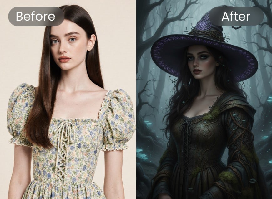 Mit dem Hexenfilter von Clipfly wird aus einem originellen Porträt eine gruselige Waldhexe gemacht