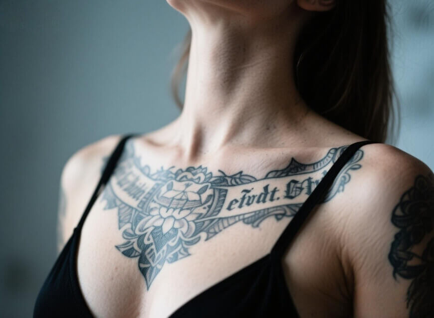 AI로 타투를 디자인하고 가슴 부위에 적용해 보는 모습