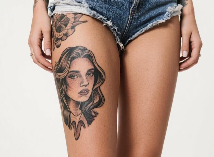 AI로 타투를 디자인하고 허벅지에 적용해 보는 모습