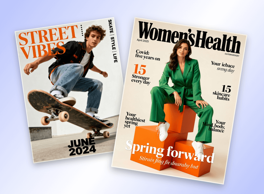 Design two magazine covers with flux 2 ai image generator