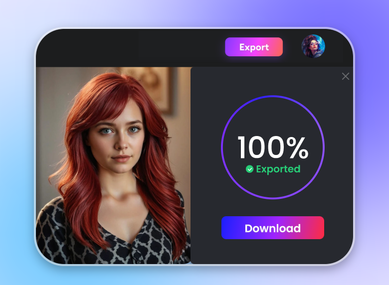 Download the photo of a lady with red long hair created by clipfly long hair filter tool